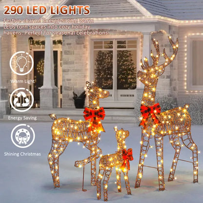 3-Piece Lighted Christmas Reindeer Family Set Outdoor Decorations, Weather Proof Rattan Deer Family Set Of 3 Christmas - view 5