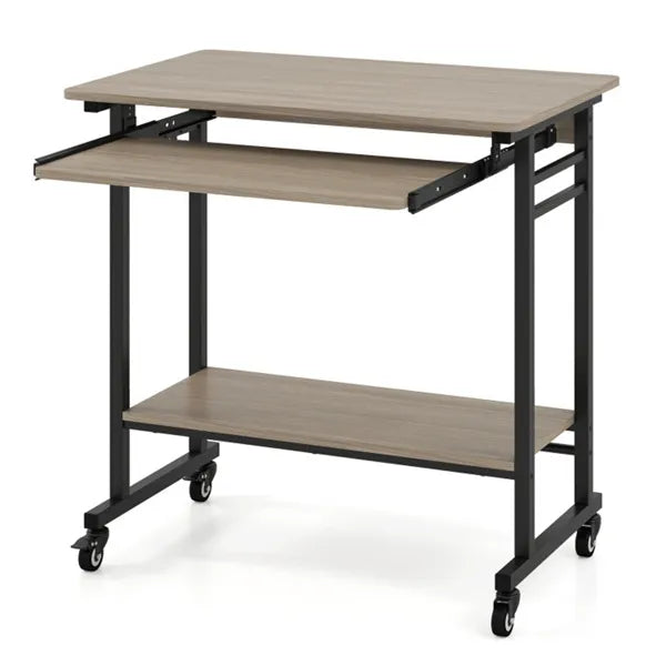 Gray Mobile Computer Desk With Keyboard Tray & Storage Shelf, 360 Lockable Casters For Home Office - view 5