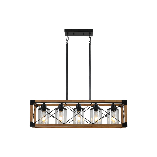 32 Inch Walnut Industrial Farmhouse Rectangle Pendant Light, 5-Light Chandelier With Lampshades For Dining Room - view 7