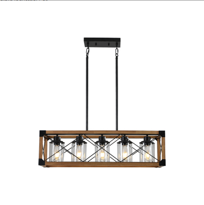 32 Inch Walnut Industrial Farmhouse Rectangle Pendant Light, 5-Light Chandelier With Lampshades For Dining Room - view 7