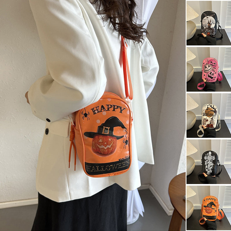 Halloween Graffiti Phone Bag Girls Funny Cartoon Pumpkin Ghost Bat Print Crossbody Bag For Women Mini Personality