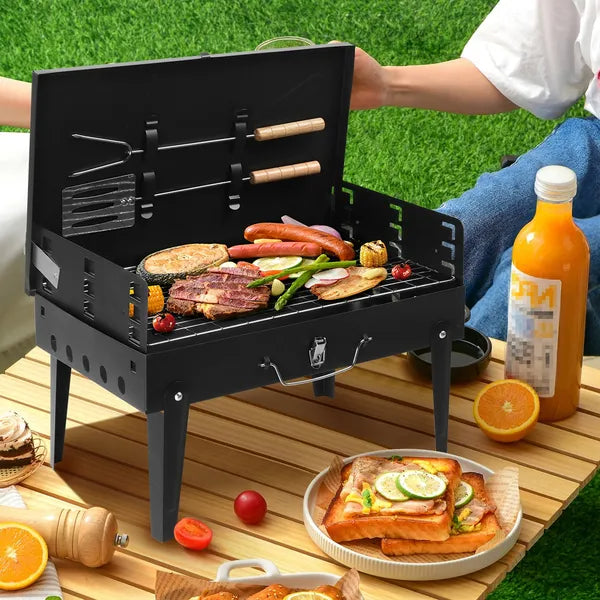 Barbecue Grill Outdoor Portable Charcoal Grill Collapsible Iron Square Charcoal Grill 17.32x10.63x8.66 Inch Black