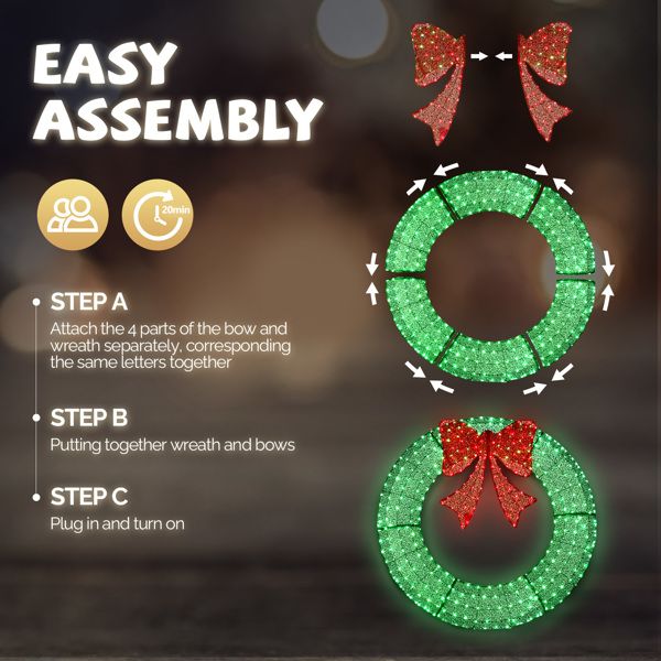 60in Pre-Lit Outdoor Christmas Wreath Decoration, LED Metal Holiday Decor For Home Exterior, Garden W 400 Lights, Bow - view 4