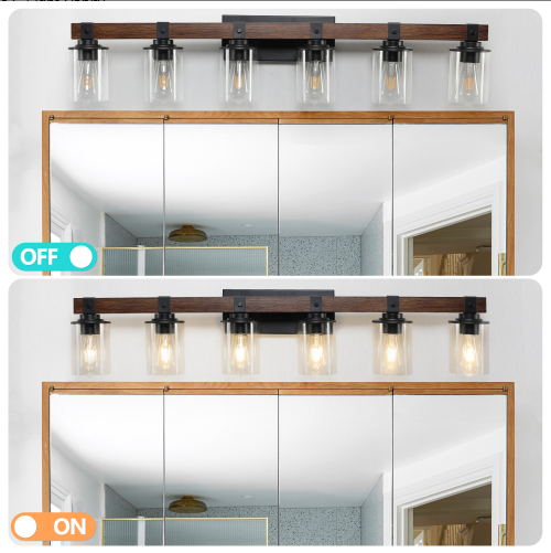 42 Inch Rustic 6-Light Vanity Light, Industrial Bathroom Wall Sconce With Glass Shades And Wood Accent - view 7