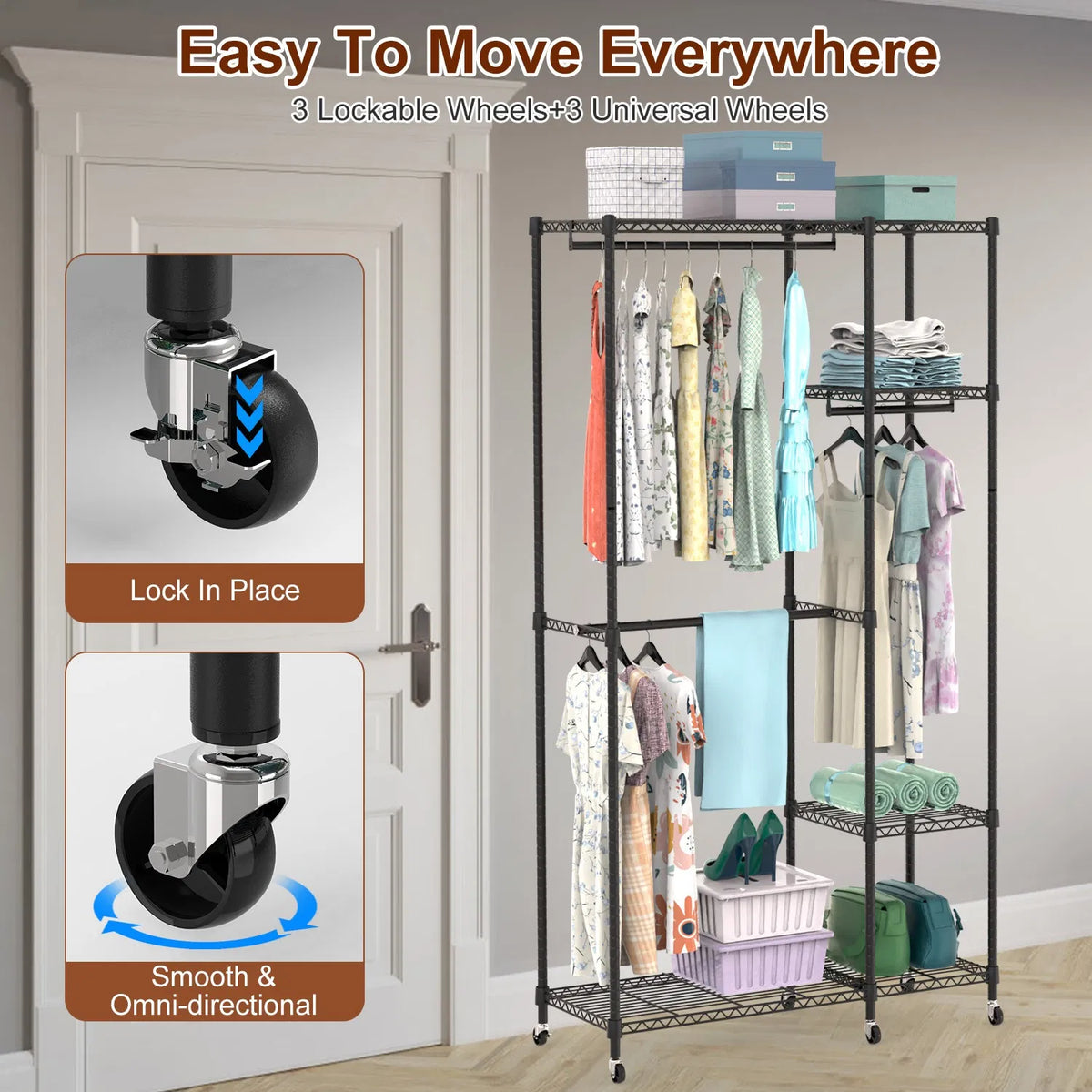 4 Tier Heavy Duty Garment Rack With Wheels Carbon Steel Clothing Rack Portable Wardrobe Clothes Rack With 3 Hanging - view 7