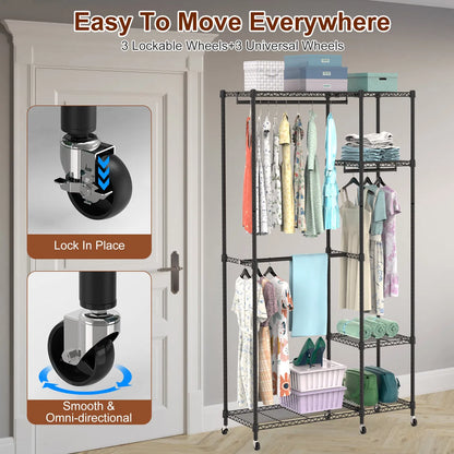 4 Tier Heavy Duty Garment Rack With Wheels Carbon Steel Clothing Rack Portable Wardrobe Clothes Rack With 3 Hanging - view 7