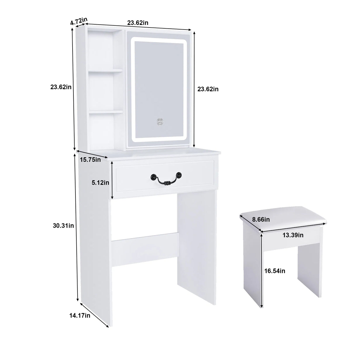 Modern Mini Dressing Table with LED-lit Mirror & Hidden Storage,Includes Padded Stool,Adjustable Brightness Vanity Desk - view 3