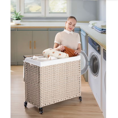 Laundry Hamper With Lid PE Rattan Powder Coating Frame Clothes Hampers With 02 Removable Bags, Wheels, 160L, Gray Color - view 7