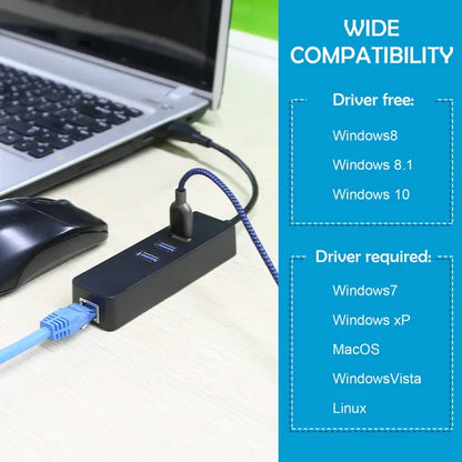 3 Ports USB 3.0 Hub Gigabit Ethernet Adapter 10/100/1000 Mbps Converter LAN RJ45 Wired USB Network Adapter - view 3
