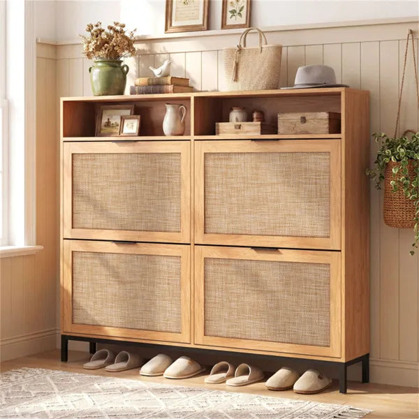 Boho Style Shoe Cabinet Cabinet With 4 Flip Drawers & Open Shelves, Freestanding Shoe Organizer For Entryway - view 3