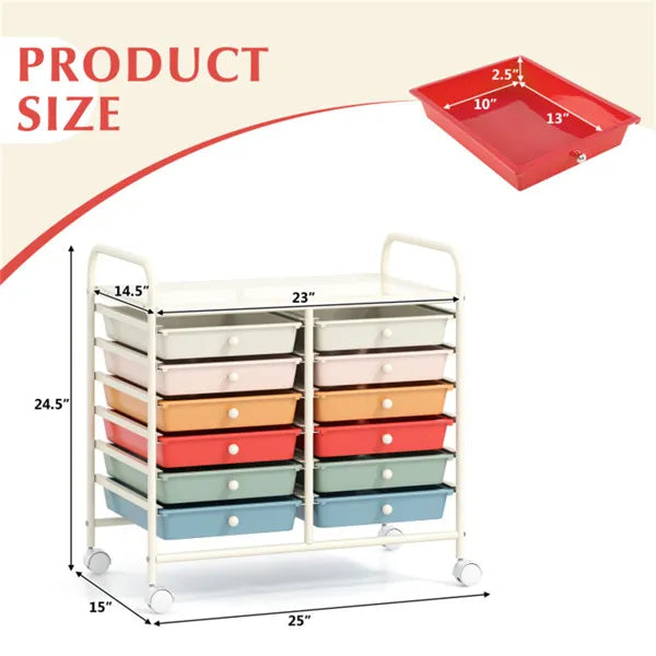 12-Drawer Rolling Storage Cart - 2-Row 10-Storey, Multicolor Drawers, 4 Wheels (2 Brake), White Frame-Macaron - view 4