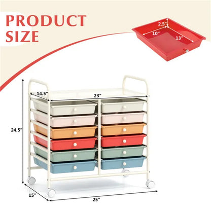 12-Drawer Rolling Storage Cart - 2-Row 10-Storey, Multicolor Drawers, 4 Wheels (2 Brake), White Frame-Macaron - view 4