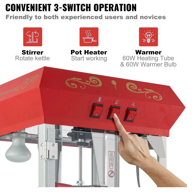 Popcorn Popper Machine 8 Oz Countertop Popcorn Maker 850W 48 Cups Red - view 3