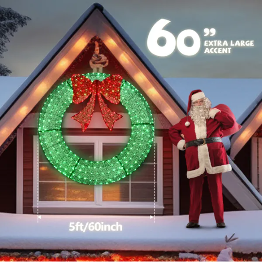 60in Pre-Lit Outdoor Christmas Wreath Decoration, LED Metal Holiday Decor For Home Exterior, Garden W 400 Lights, Bow - view 6
