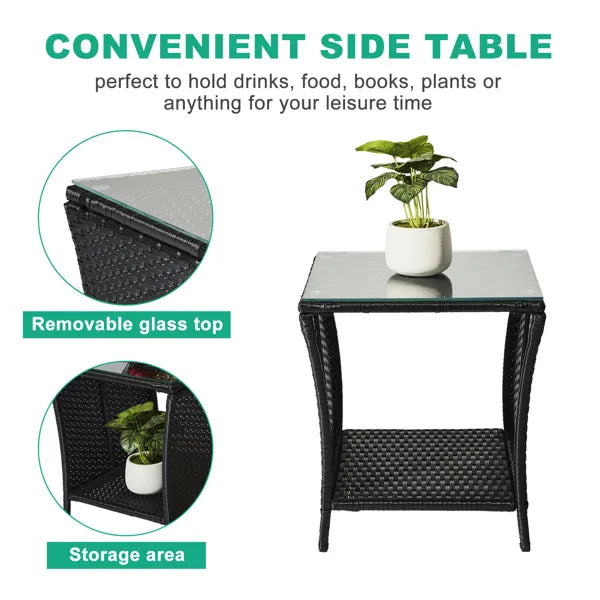 Outdoor Patio Wicker Side Table, Square End Table Bistro Coffee Table With Glass Top Storage Shelf For Porch Garden - view 2