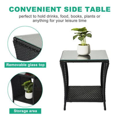 Outdoor Patio Wicker Side Table, Square End Table Bistro Coffee Table With Glass Top Storage Shelf For Porch Garden - view 2
