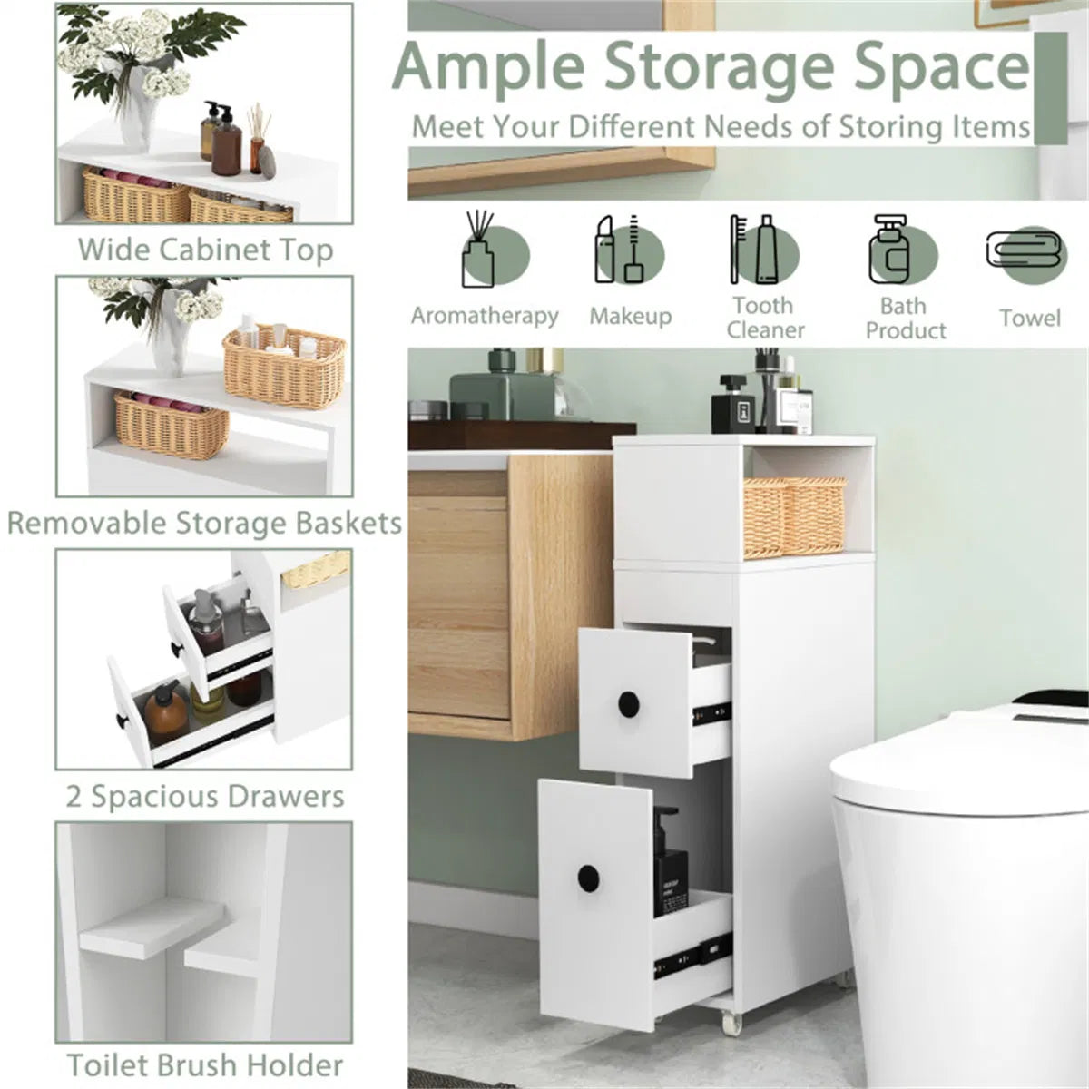 Slim White Bathroom Storage Cabinet (20" x7.5" x28.5") - Fits Tight Spaces (Tub-Toilet Gap) - view 10