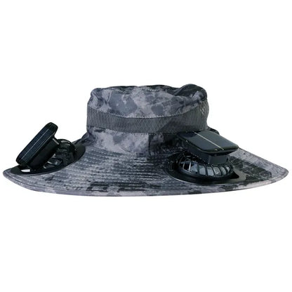 Outdoor Wide Brim Sun Hat With 2 Rechargeable Fans Solar Powered 3 Wind Speeds UPF50+ Breathable Waterproof Nylon Mesh - view 3