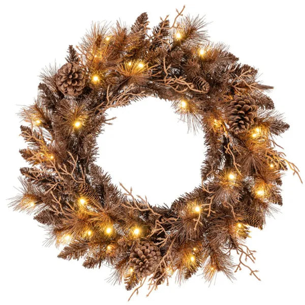 24" Pre-Lit Christmas Wreath - 35 Warm White LEDs+6 Pine Cones, 105 Branch Tips (Brown)