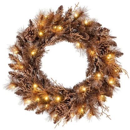 24" Pre-Lit Christmas Wreath - 35 Warm White LEDs+6 Pine Cones, 105 Branch Tips (Brown)