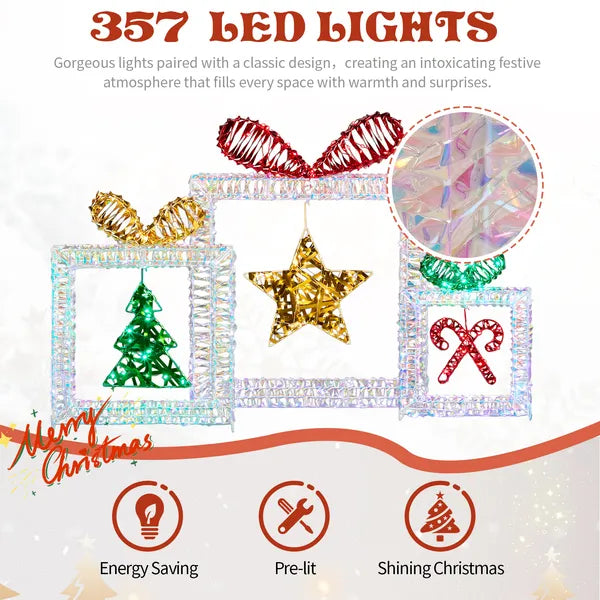 Set Of 3 Lighted Iridescent Cut-out Gift Box Christmas Decorations, Pre-lit Holiday Decor With 357 White LED Lights - view 2