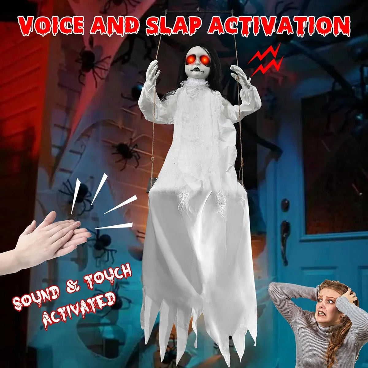 Scary Halloween Decorations Outdoor, Halloween Hanging Swinging Doll Girl with Sound & Slap Activated - view 3