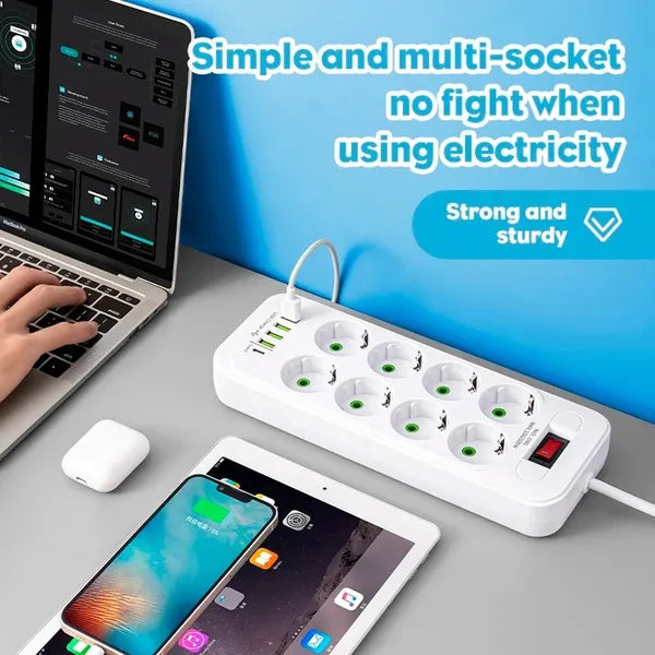 EU 8-Way Power Strip With 4 USB Ports, Type-C, Surge Protector With Switch And 2m Cord - view 4