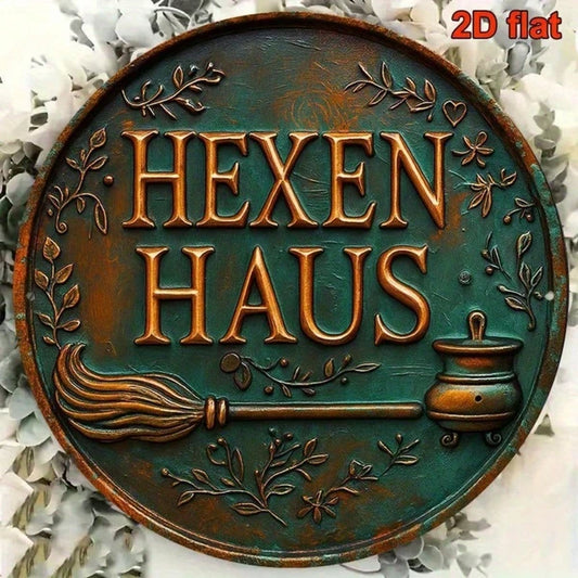 Vintage Witch's House 8x8 Inch Round Aluminum Sign, Gothic Halloween Wall Art - view 2
