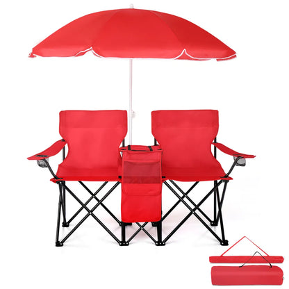 Portable Outdoor 2-Seat Folding Chair With Removable Sun Umbrella Red - view 3