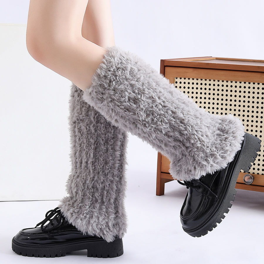 Autumn Winter Solid Knitted Fuzzy Sock Covers Women Thickened Warm Y2K Style Fleece-Lined Fluffy Fur Leg Warmers Calf - view 2