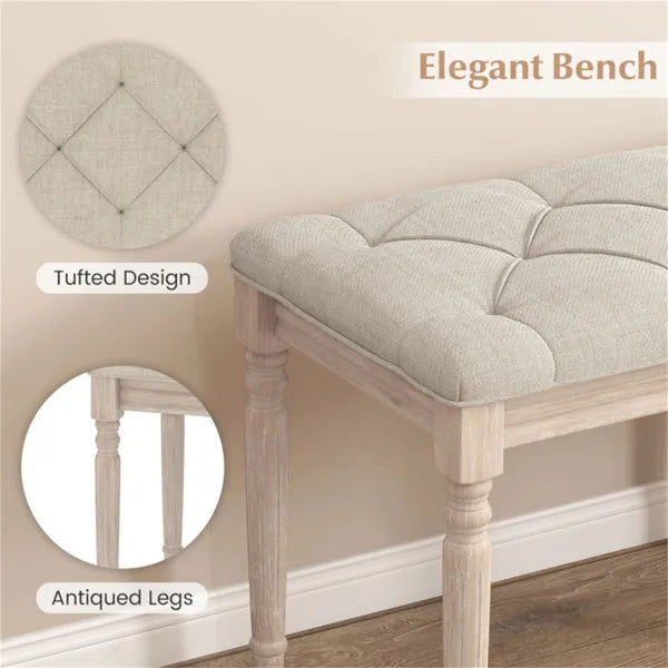 Beige 47.5" Rubber Wood Upholstered Bench With Button-Tufted Seat, 440 Lbs Capacity Retro Entryway Bedroom Bench - view 5