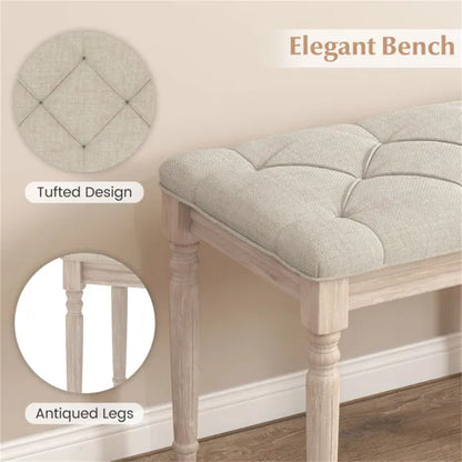 Beige 47.5" Rubber Wood Upholstered Bench With Button-Tufted Seat, 440 Lbs Capacity Retro Entryway Bedroom Bench - view 5
