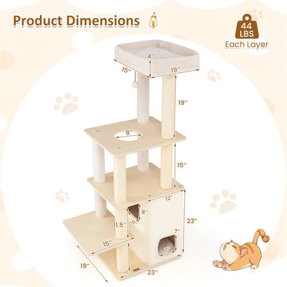 63" Wooden Cat Tree - 2-Story Condo with Bamboo Interior, 5 Sisal Scratching Posts, 44 lbs Per Layer Capacity - view 5