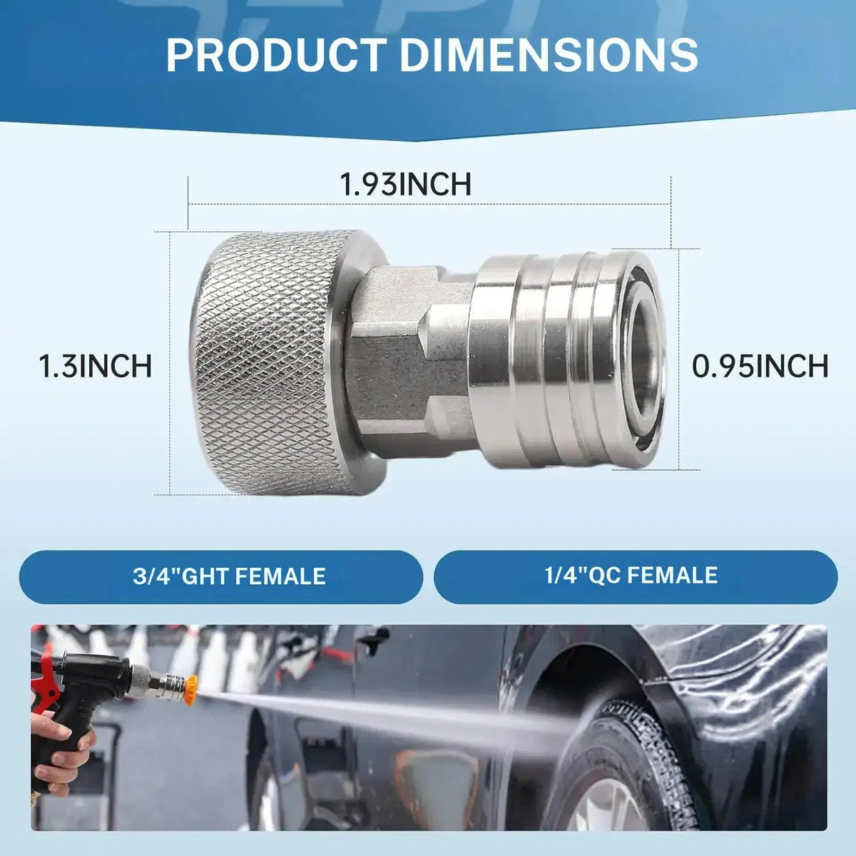 3/4" GHT to 1/4" Quick Connect Garden Hose to Pressure Washer Adapter, Stainless Steel Garden Hose Connectors - view 2