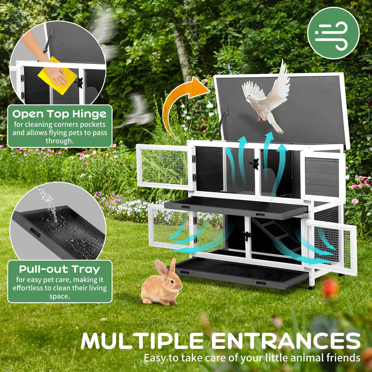 2 Story Solid Wood Rabbit Hutch Bunny Cage with 2 Large Main Rooms, Indoor Outdoor Rabbit House Guinea Pig Cage Pet - view 4
