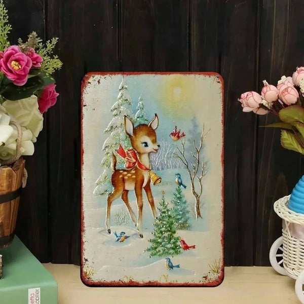 1PC Rustic Iron Metal Wall Sign Winter Reindeer Snowy Woods Pattern No Text Christmas Holiday Home Outdoor Wall Art - view 5