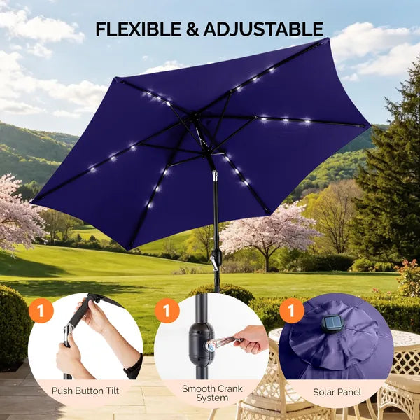 9ft Solar LED Patio Umbrella With Push Button Tilt & Crank, 6 Ribs Waterproof Polyester Outdoor Market Table Umbrella - view 4