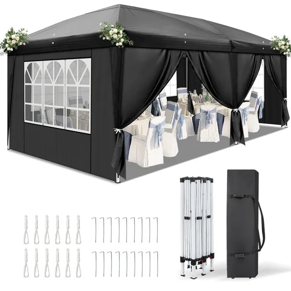 10' x20' Instant Pop Up Canopy Tent Black, 6 Panels 2 Doors 4 Mesh Windows, 28 And 22mm Powder Coated Steel Frame - view 4