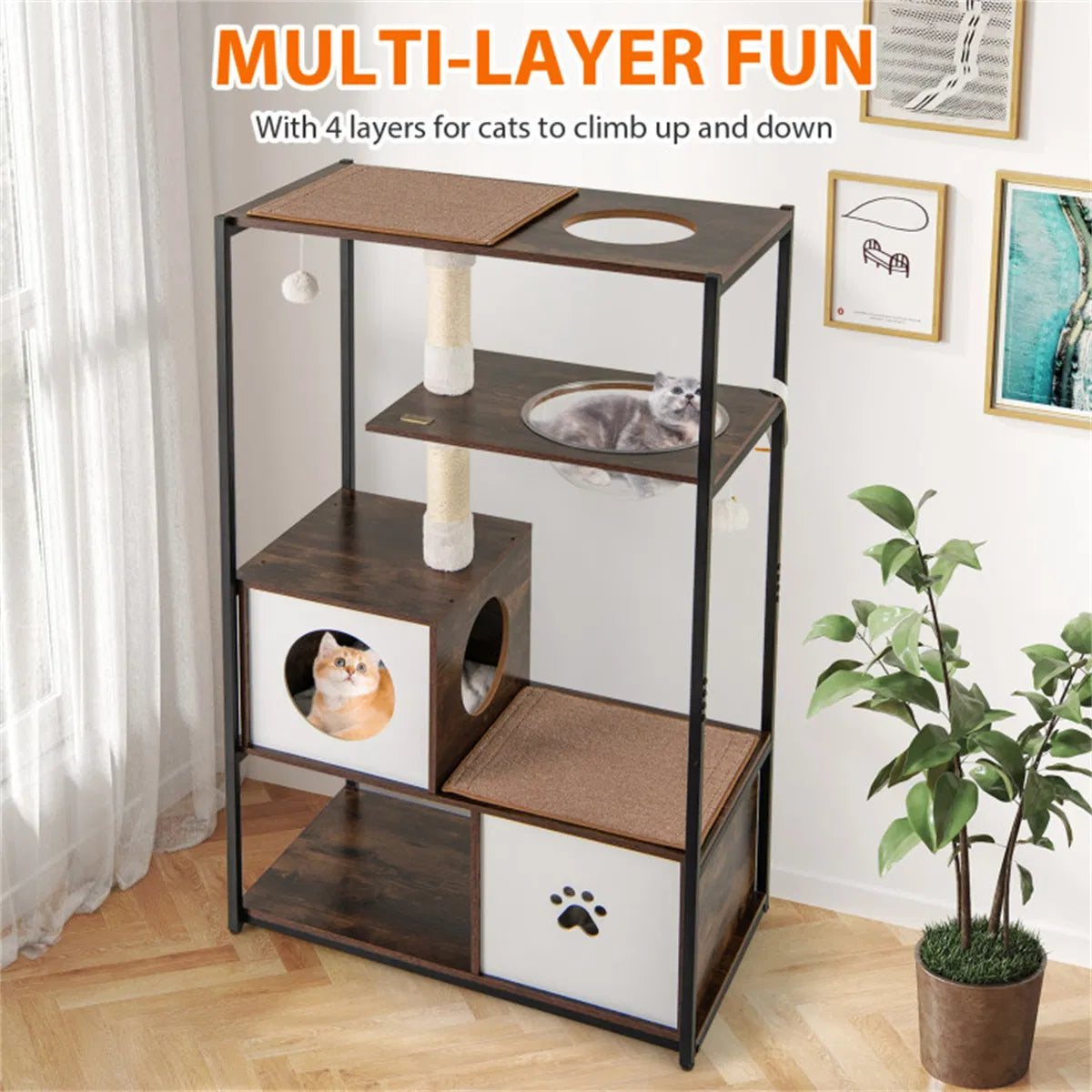 Stylish Wood-Metal Cat Tree - 33 lbs Per Layer Capacity, 2 Private Condos + 2 Relaxation Platforms - view 5