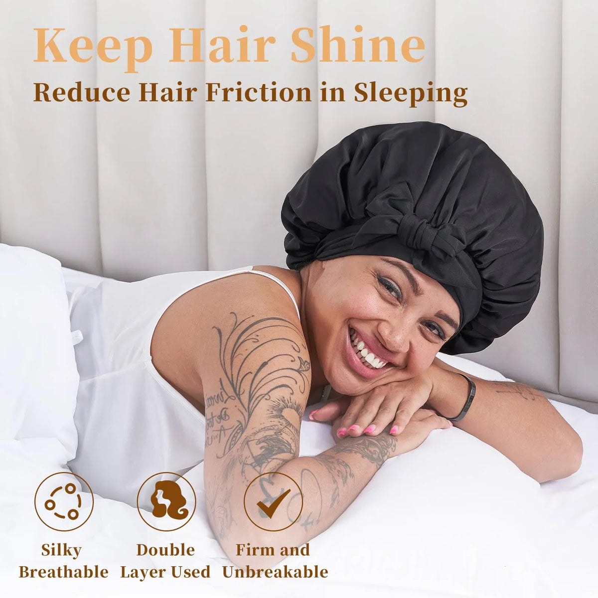 Silk Bonnet For Sleeping Women, Satin Hair Bonnet For Sleeping For Wavy Curly Natural Hair Women Men - Black - view 2