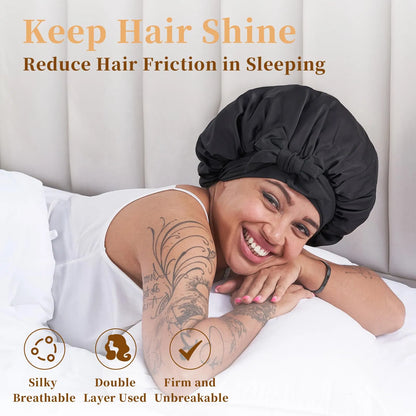 Silk Bonnet For Sleeping Women, Satin Hair Bonnet For Sleeping For Wavy Curly Natural Hair Women Men - Black - view 2