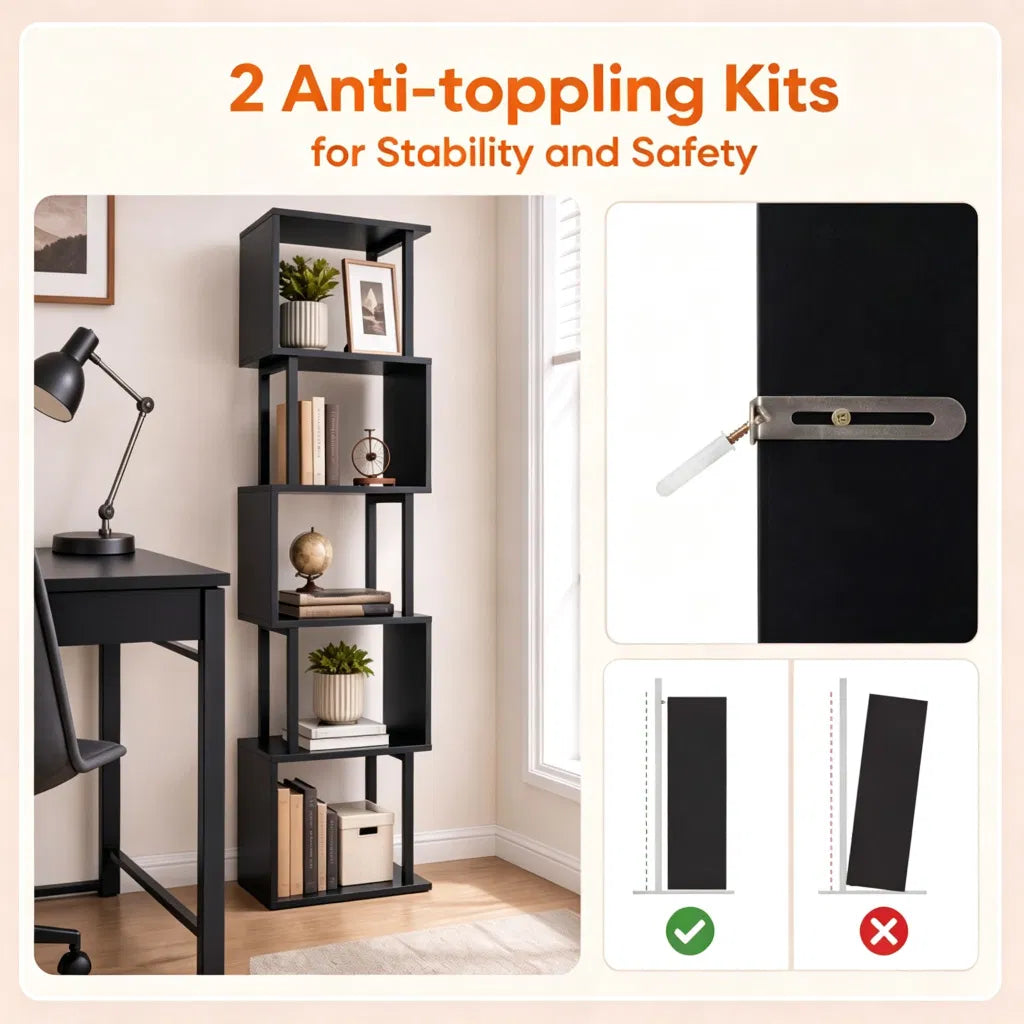 5-Tier S-Shaped Bookshelf, Modern Geometric Freestanding Display Shelf with Heavy-Duty Metal Frame - view 6