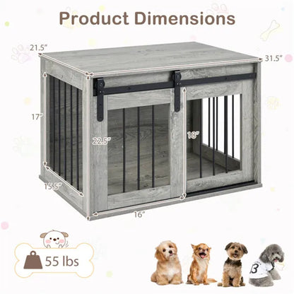 31.5" Dog Crate Furniture With Sliding Barn Door, Wooden Dog Kennel End Table For Indoor Use - Gray - view 4