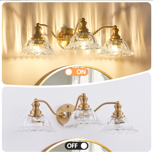24 Inch 3-Light Vintage Bathroom Wall Sconce - Elegant Golden Metal And Glass Lampshade Vanity Light Fixture - view 9