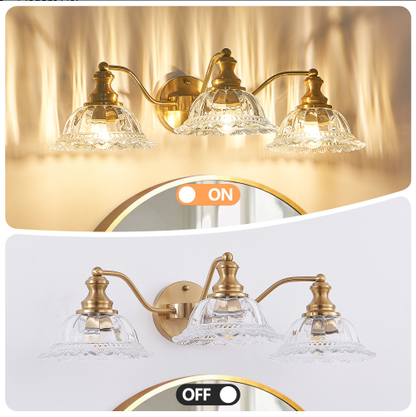 24 Inch 3-Light Vintage Bathroom Wall Sconce - Elegant Golden Metal And Glass Lampshade Vanity Light Fixture - view 9