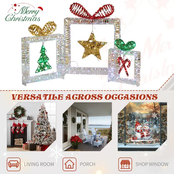 Set Of 3 Lighted Iridescent Cut-out Gift Box Christmas Decorations, Pre-lit Holiday Decor With 357 White LED Lights - view 3