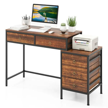 Home Office Dual Desktop Desk With 5 Storage Drawers, Powder-Coated Metal Frame Engineered Wood - view 4