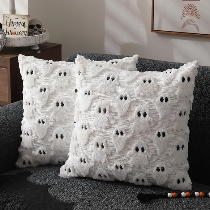 Halloween Pillow Covers 18x18 Inch White Ghost Throw Pillow Cases Soft Plush Couch Cushion Case For Chair Sofa Bedroom - view 4