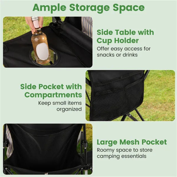 Oversized Foldable Camping Chair With Side Table & Cup Holder, 330 LBS Capacity For Outdoor Use-Black - view 4