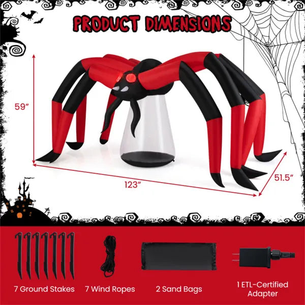 10ft Wide 5ft Tall Giant Halloween Inflatable Spider - LED Head Light 2 Red Eye Tunnel Lights, Black Red Color - view 3